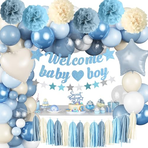 Dusty Blue Baby Shower Decorations for Boy, Welcome Baby Boy Banner Slate Light Metallic Blue White Sand Latex Balloons with Pom Poms Cake Topper Tassel for Boho Baby Shower Birthday Party Supplies