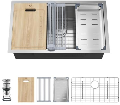 30 Inch Undermount Kitchen Sink 16 Gauge Stainless Steel Ledge Workstation Sink Round Corners Deep Single Bowl Kitchen Sinks with Accessories 30x19x10