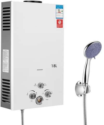 Gas Water Heater Instant Electric Tankless with Shower Head, Smart Portable Self-Modulating on Demand Use Under Sink Kitchen Household Shower w/Shower Kit, Outdoor Hot Water for House Shower, 18L