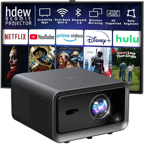 HDEW Beamie Mini Projector for Home and Outdoor Cinema,1500 ANSI Lumens, 4K Support FHD 1080P Portable HDMI, compatible with Netflix/Prime Video, Wifi and Bluetooth, Auto Focus/Keystone Home Cinema