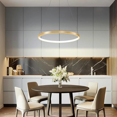 Moderne Runde Hängeleuchte 26W Dimmbare Esstischlampe LED Pendelleuchte mit Fernbedienung, Esszimmerlampe Design Höhenverstellbar Hängelampe für Wohnzimmer Esszimmer Küche Esstisch Lampe(Gold,40cm)