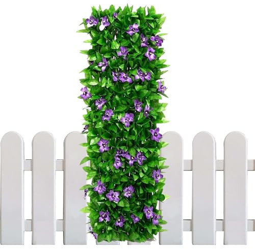 Seto artificial – Valla de jardín expandible, pantalla de privacidad de hojas de hiedra sintética con flores moradas | Paneles decorativos expandibles de enrejado para patio, balcón, patio o pared |