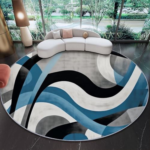 Waschbarer Teppich Rund 160 cm, Abstrakt Modern Streifen Kurven Runder Wohnzimmer Schlafzimmer Rutschfester Teppich, Bunt Kurzflor Carpet Living Room Bedroom Esszimmer Teppiche