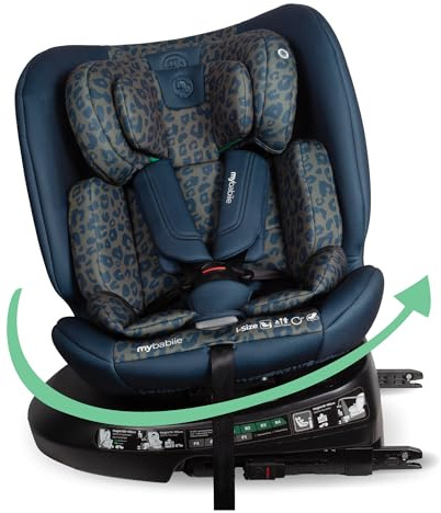 My Babiie MBCS200 360° Spin R129 Baby Car Seat – Top Tether, ISOFIX, Birth to 12yrs (40-150cm), i-Size, ERF, Group 0+/1/2/3, Rotating 360 Swivel - Navy Leo