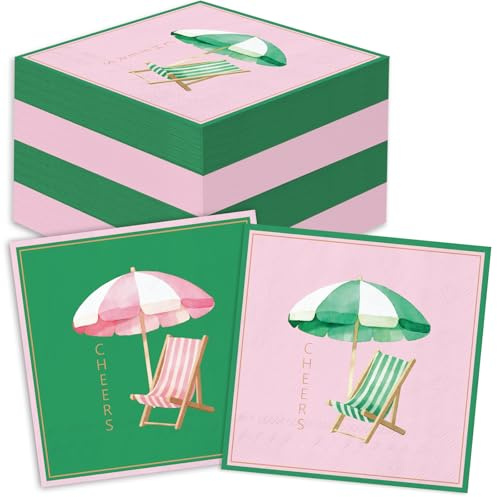 JarThenaAMCS 100 Pcs Palm Beach Umbrella Cocktail Napkin Disposable Paper Napkin Pink Green Summer Cabana Beach Chair Drink Beverage Napkins for Bachelorette Cheers Party Table Supplies