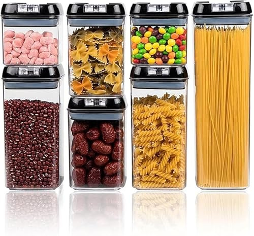 7pc Clear Airtight Food Storage Container Set with - Kitchen & Pantry Containers - Ideal for Flour, Cereal, Spaghetti, Pasta & more, Black