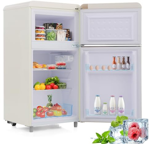 kozamas Frigorifero retrò a doppia porta con congelatore in bianco, volume totale 72 l (congelatore da 21 l), classe di efficienza energetica E e funzionamento extra silenzioso da 39 dB, inodore