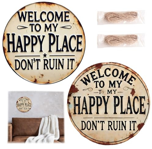 2Pcs Vintage Welcome Sign, Happy Place Metal Signs, for Patio Wall Decoration, Cafe, Bar, Comes with Twine, 8x8 Inch Round Aluminum Decorative Sign