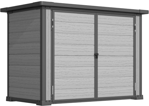 YODOLLA Garten-Aufbewahrungsbox, 132 x 76 x 90cm Wetterfeste Kunststoff-Kleinschuppen mit abschließbarer Klappdeckel, Außenaufbewahrungsschrank für Garten, Terrasse & Balkon, Grau