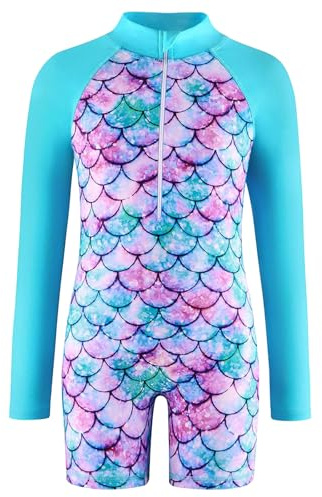 LXEASYGO Girls Swimming Costumes One-Piece Kids Long Sleeve Swimsuit Zipper Mermaid Swimwear for Girls 3-14 Years