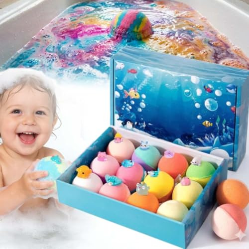 Bath Bombs for Kids with Toy Inside - 12Pcs Bubble Bath Balls, Home Fizzes Bathbombs to Moisturize Skin for Christmas or Birthday Gifts for Girls and Boys (12Pcs)