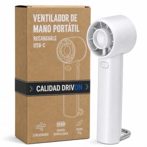 DRIVON Ventilador Portátil de Mano Recargable USB C Mini Silencioso | Con Mosquetón-Soporte, Batería Reemplazable, 3 Velocidades, Ligero 75 g, Ventilador de Bolsillo para Cara y Viaje