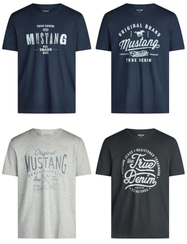 MUSTANG Lot de 4 t-Shirts pour Homme avec imprimé sur Le Devant et col Rond – Mélange de Couleurs Bleu et Noir - Multicolore - Small - Mélange de Couleurs (P1)