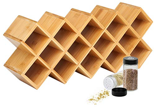 4-Tier Bamboo Countertop Spice Rack Organiser, 18-Jar Criss-Cross Kitchen Cabinet Countertop Storage Organizer Shelf, Fit for Round and Square Spice Bottle, Free Standing for Counter Cabinet or Drawer