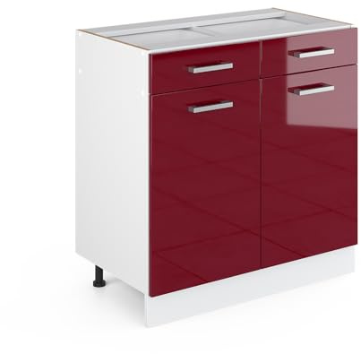 Vicco Küchenunterschrank R-Line, Rot Hochglanz, 80 cm | 2 Schubladen · Ohne Arbeitsplatte · Höhenverstellbare Füße · 2 Türen · ✓ Leichter Zugriff