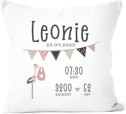 SpecialMe® personalisierbares Kissen zur Geburt Storch Geburtskissen mit Name Geschenk Geburt Baby Weiss 40cm x 40cm