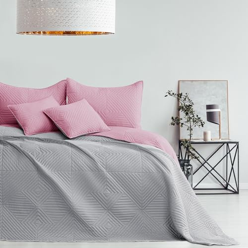 RESTILO Tagesdecke rosa grau 260x280 Bettüberwürf zweiseitig Softa | Ultrasonic Steppung Polyester