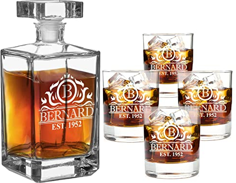 Groomsmen Gifts - Decantador de whisky (700 ml, incluye 4 vasos de whisky, personalizable con monogramas, cristal
