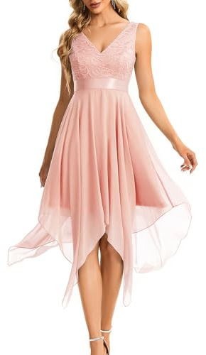 Ever-Pretty Robe de Soirée Asymétrique au Genou Femme Double Col-V sans Manche en Dentelle Mousseline de Soie Rose 36