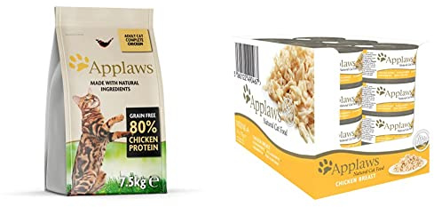 Applaws Katzentrockenfutter mit Hühnchen, 1er Pack (1 x 7.5 kg Packung) Wet Cat Food, Chicken Breast in Broth 70 g Tin​, 24 x 70 g Tins