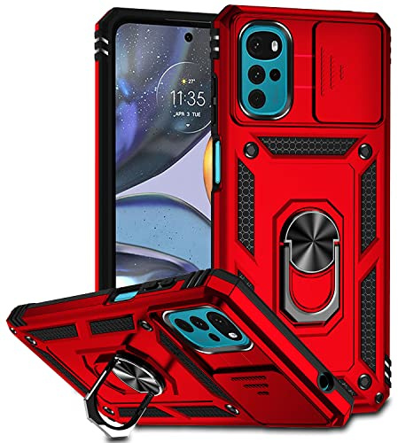Jiyu Funda Compatible con Motorola Moto G22 Carcasă Armor Militar Cubierta de Cámara Deslizante Proteger Fundas con 360 Full Protección Anillo Soporte Silicona Estuche Cover Case,Rojo