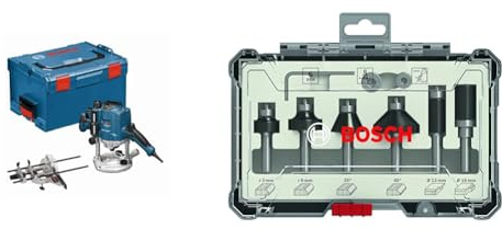 Bosch Professional Oberfräse GOF 1250 CE (Maulschlüssel 19 mm, L-BOXX 238) + 6tlg. Rand- und Kantenfräser Set (für Holz, Zubehör Oberfräsen mit 8 mm Schaft)