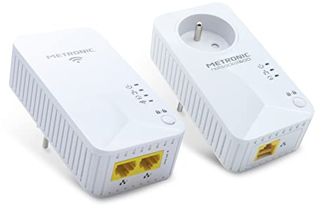 Metronic 495469 Prise CPL Duo Wi-FI 600 MB/s avec 2 Ports Fast Ethernet 100 MB/s (CPL Wi-FI) et 1 Port Fast Ethernet 100 MB/s (CPL) et Prise gigogne