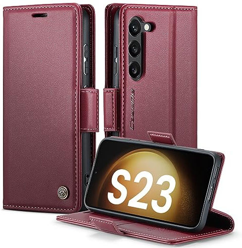 XYGLOW Handyhülle für Samsung Galaxy S23 5G Hülle Premium Leder Klappbar Kartenfach Magnet Standfunktion RFID Schutzhülle für Samsung S23 5G Flip Case Wallet Klapphülle Lederhülle Rot 6,1 Zoll