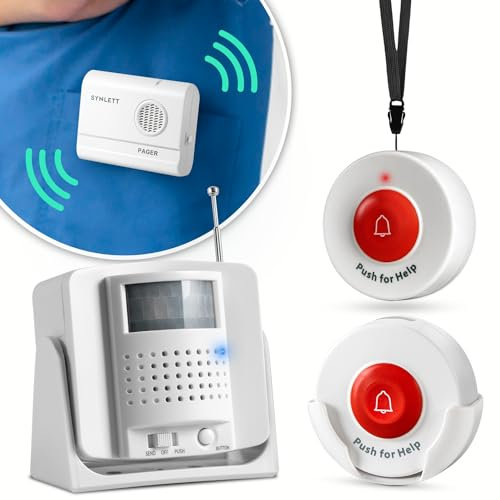 SYNLETT Caregiver Pager 2 Wireless Call Buttons 1 Motion Sensor Alarm Indoor for Elderly Monitoring Fall Prevention Bed Alarm Alert System Portable Nurse Call for Seniors Dementia Patients Emergency
