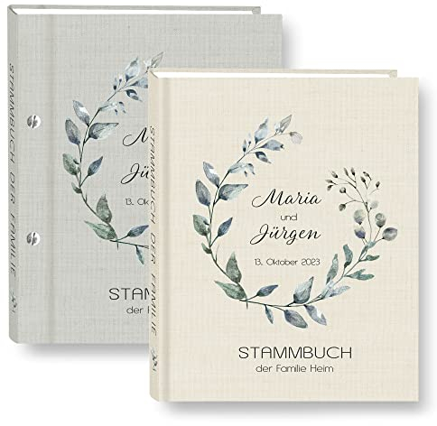 Stammbuch der Familie personalisiert Greenery grau o. beige A4 ca. 24 x 31 cm Familienstammbuch Blüten Ranke grün Stammbücher Handarbeit