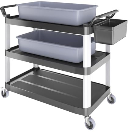 BLV servierwagen Kunststoff mit Rollen,Küchenwagen mit 3 böden,Restaurant Reinigungswagen mit Auffangbecken für Lebensmittelabfälle und Messer und Gabel Eimer (94H×87B×43T)
