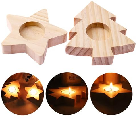 ALLAVA 2 Stück Teelichthalter Weihnachten, Kerzenständer Teelichthalter Holz Sternen und Weihnachtsbaum, Kerzenhalter ideal für Weihnachten Deko, Tischdeko, Party, Geschenk