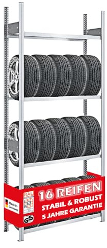 PROREGAL Reifenregal TIRE PRO Made in Germany | Grundregal | HxBxT 250x100x43cm | 150kg Fachlast | bis zu 16 Reifen auf 4 Ebenen | Verzinkt | Reifenständer Garagenregal