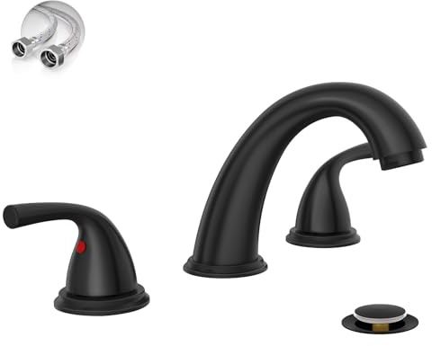 Phiestina 8 Inch 3 Hole Matte Black Widespread Bathroom Faucet, Low Arc Basin Sink Faucet, with Metal Pop-up Drain with Overflow and Water Supply Line, BF03008-B11-MB