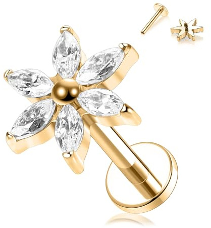 Titan Labret-Ohrstecker 16G Labret-Schmuck Innengewinde Flatback-Ohrring Gold-Labret-Ohrstecker mit Blume CZ Lip Studs Tragus Piercing 8mm Monroe Medusa Helix Studs Lobe Cartilage Conch Studs