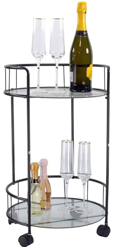 Dylex 2 Tier Black Drinks Trolley Bar Serving Cart on Wheels With Two Glass Shelves Drinks Storage Trolley