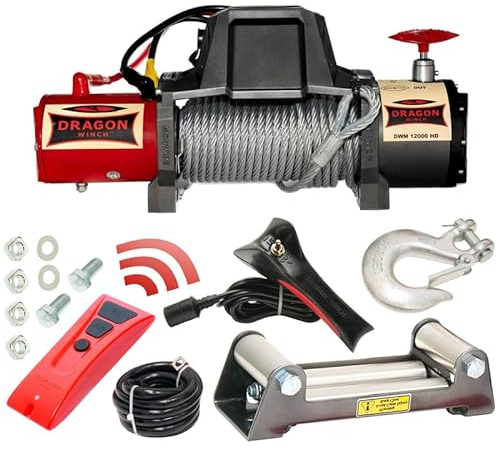 Dragon Winch Treuil électrique 12V Maverick 12000 lbs / 5443 kg avec Câble en Acier 20m pour voiture, dépanneuses et véhicules municipaux | Télécommande sans fil + accessoires treuil | Étanchéité IP67