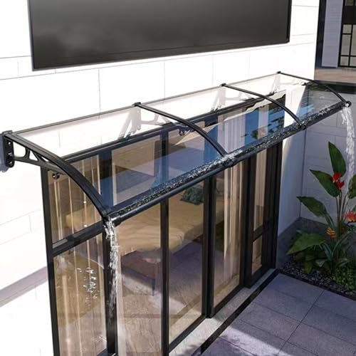 Pultbogenvordach mit großem Waschbecken EingangstürTürdach Regenschutz aus Aluminium Schwarzer Ständer und Durchsichtig Polycarbonat Überdachung Markise für Garage Balkon Fenster Haus (150 x 500cm)