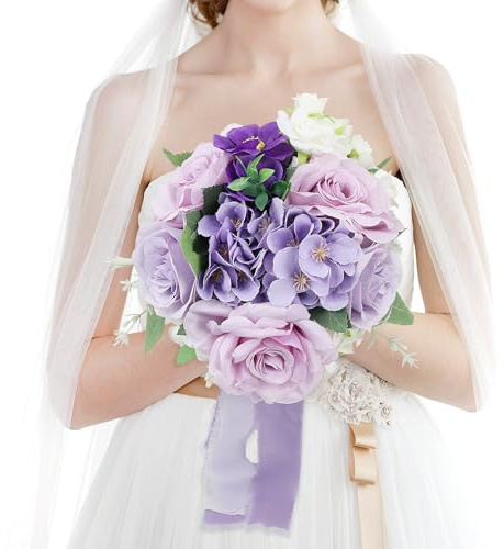 HOMENERGY Wedding Bouquets for Bride - Artificial Bridal Bouquets Pre-Made Roses Flower Bouquets for Vintage Wedding or Centerpieces Decoration - Lilac & White
