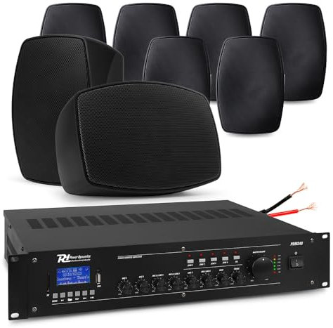Power Dynamics BHW40BK 8x 4 Black Wall Mounted Speaker System - Four-Zone Mixer Amplifier, Bluetooth, IPX5 Weatherproof Commercial Background Music PA Kit