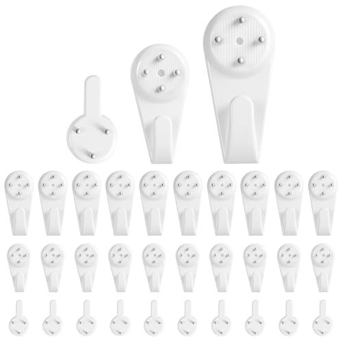 Ainiv 30 Pcs Crochet Mural, Crochets pour Tableaux, Accroche Tableau Non-Trace, Crochets de Suspension, pour Murs Durs, Tailles Assorties, Accrocher des Tableaux, des Photos, des Miroirs