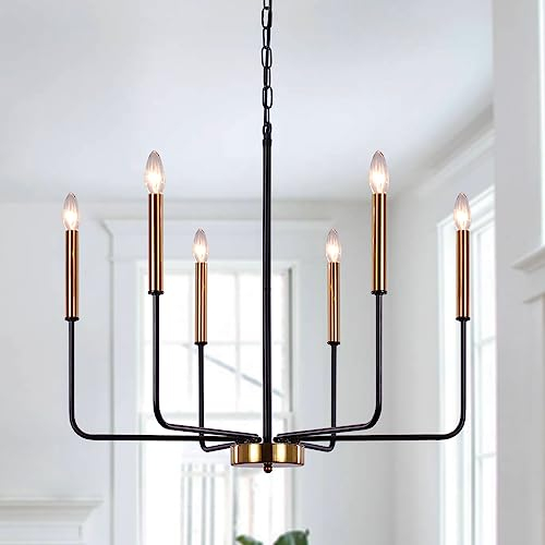 MRHYSWD Schwarz und Gold Kronleuchter Deckenleuchten Wohnzimmer, 6 Lichter Metall Modern Kronleuchter für Schlafzimmer Küche Flur, Vintage Pendelleuchte mit E14 Fassung - Höhenverstellung - Ohne