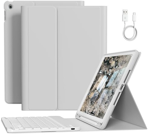 Case With Keyboard for iPad 9th/8th/7th Generation 10.2 inch 2021/2020/2019 | Soft TPU Back Cover with Pencil Holder, Magnetically Detachable Wireless Bluetooth Keyboard for iPad 9/8/7, Gray