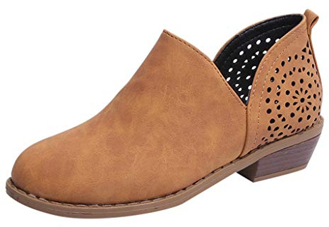 Stivali vintage stivaletti stivali da donna in pelle stivali da bocca colore punta cava tacco solido rotondo piatto donna corti alla moda stivali da giardino scarpe, marrone, 39 EU