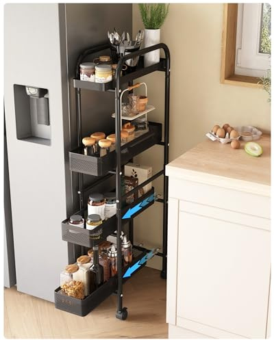 UMDONX Metal Slim Storage Trolley with Pull out Drawer Basket 4 Tier | Vegtable Fruit Organiser Rack, Kitchen Cart on Lockable Wheels, Narrow Shelving Unit Pantry Shelf, Black