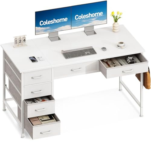 Coleshome Schreibtisch mit 6 Schubladen, 120 x 48 cm Schreibtisch Weiß mit Stauraum, Umkehrbarer Kleiner Tisch mit Kopfhörerhaken für Home Office