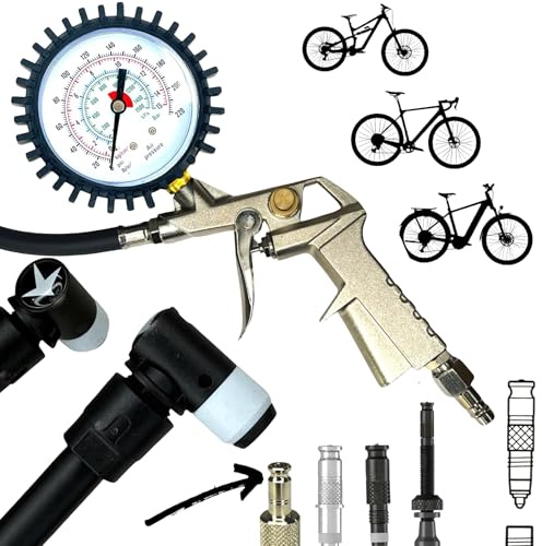 F26 Fahrrad Reifenfüller mit Manometer, SKS Clik Valve Anschluss | Kompressorpistole für Druckluft, kompatibel mit SCV Schnellkupplung und Klickventilen