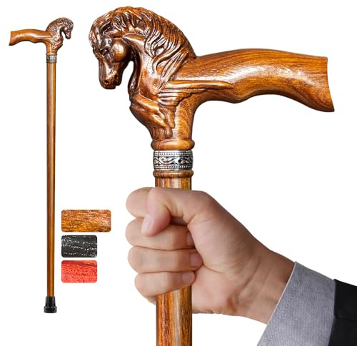 Uoagain Gehstock Holz Elegant Handgeschnitzter Pferdekopf Gehstock Herren Damen Holz, handgefertigte stilvolle Gehstöcke für Senioren Leichte Stabile High-End Spazierstock, Geeignet zum Verschenken