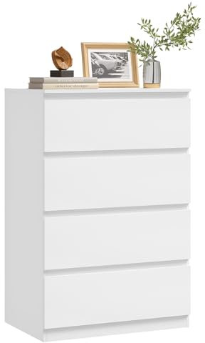 WOLTU Comò Bianco per Camera da Letto, Cassettiera 4 Cassetti in Legno, Mobile Contenitore per Soggiorno o Ingresso, Dimensioni 60x40x90 cm, KMD004ws