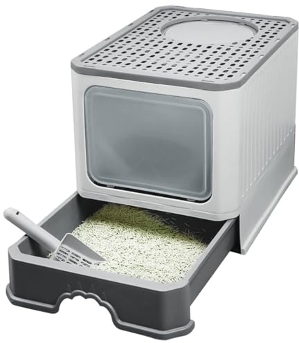 Große Katzentoilette mit 2 Kanälen, geschlossenes Design, mit Schublade, Schaufel, schmutzabweisend, auslaufsicher, 50 x 37 x 38 cm (grau)